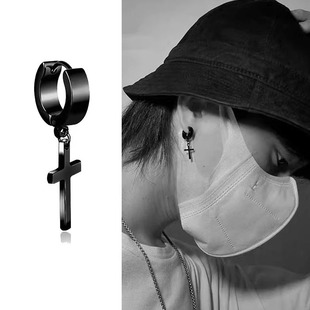 不锈钢男女十字架耳环朋克嘻哈钛钢宽面吊坠日韩光面耳扣耳钉单个