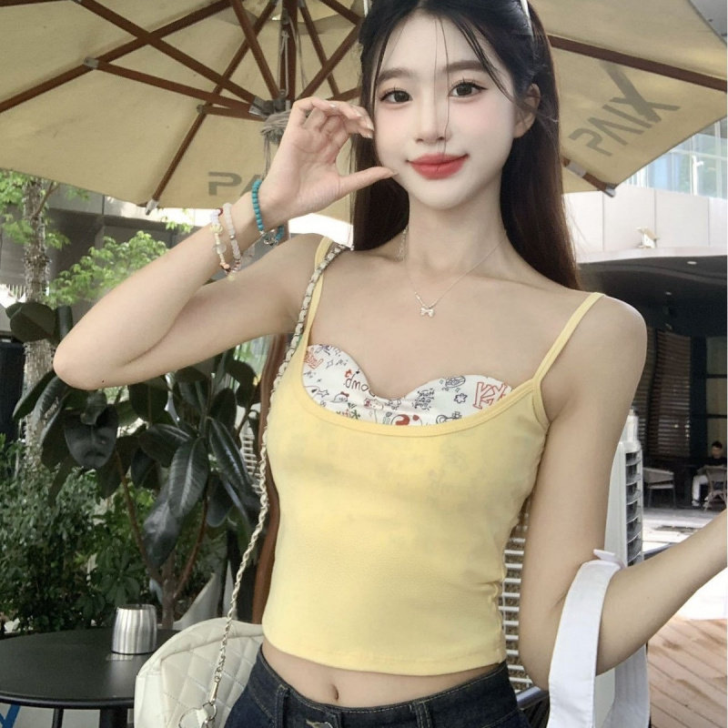 拼接碎花设计感假两件吊带背心甜美纯欲打底带胸垫上衣外穿