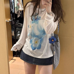 t恤 女宽松微透百搭休闲露肩长袖 复古花朵印花薄款 防罩衫