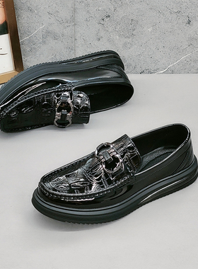 欧洲站漆皮鳄鱼纹豆豆鞋男厚底休闲皮鞋软底潮流一脚蹬真皮春秋款