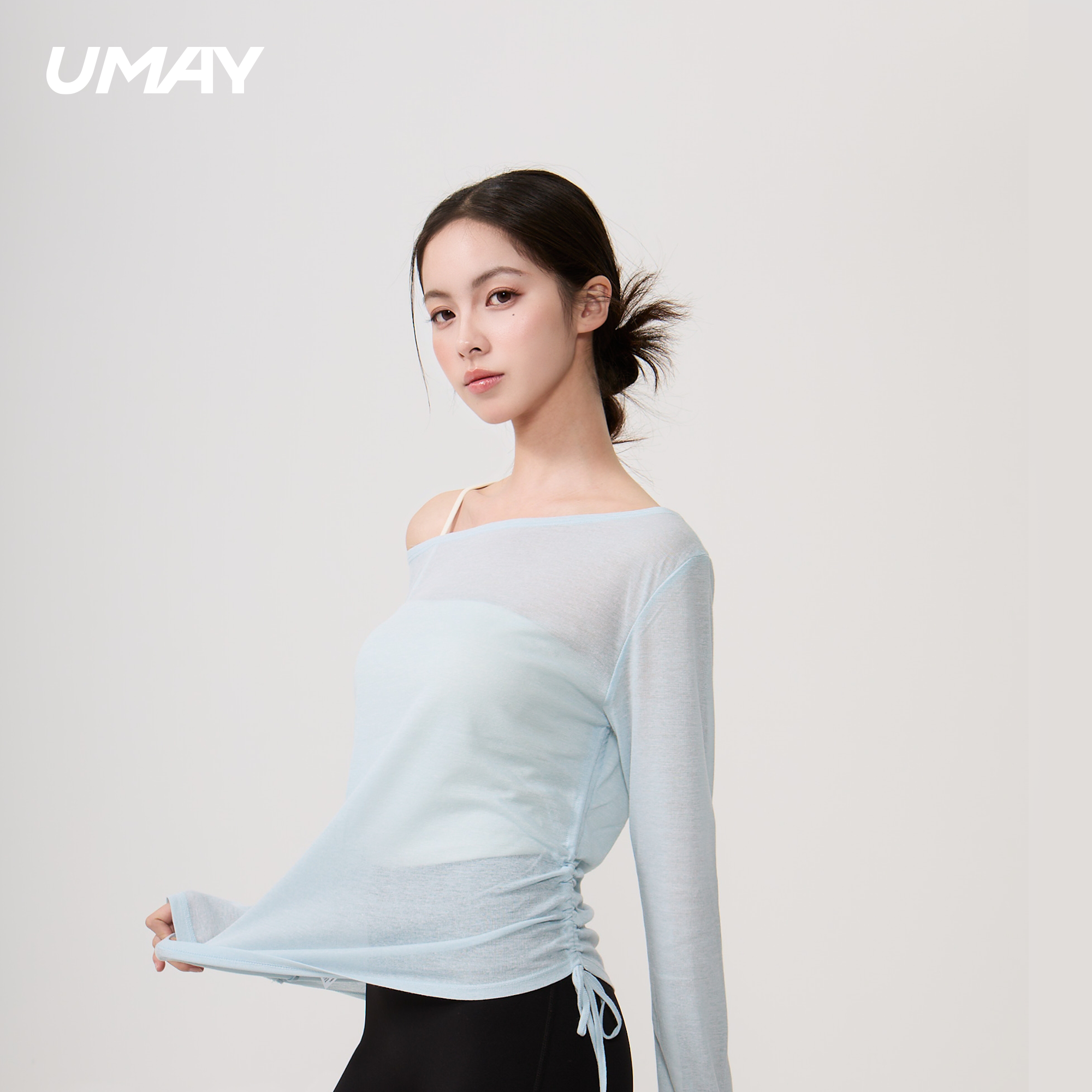 UMAY佑美修身露肩长袖网纱拼接健身衣女士设计感薄款罩衫运动上衣