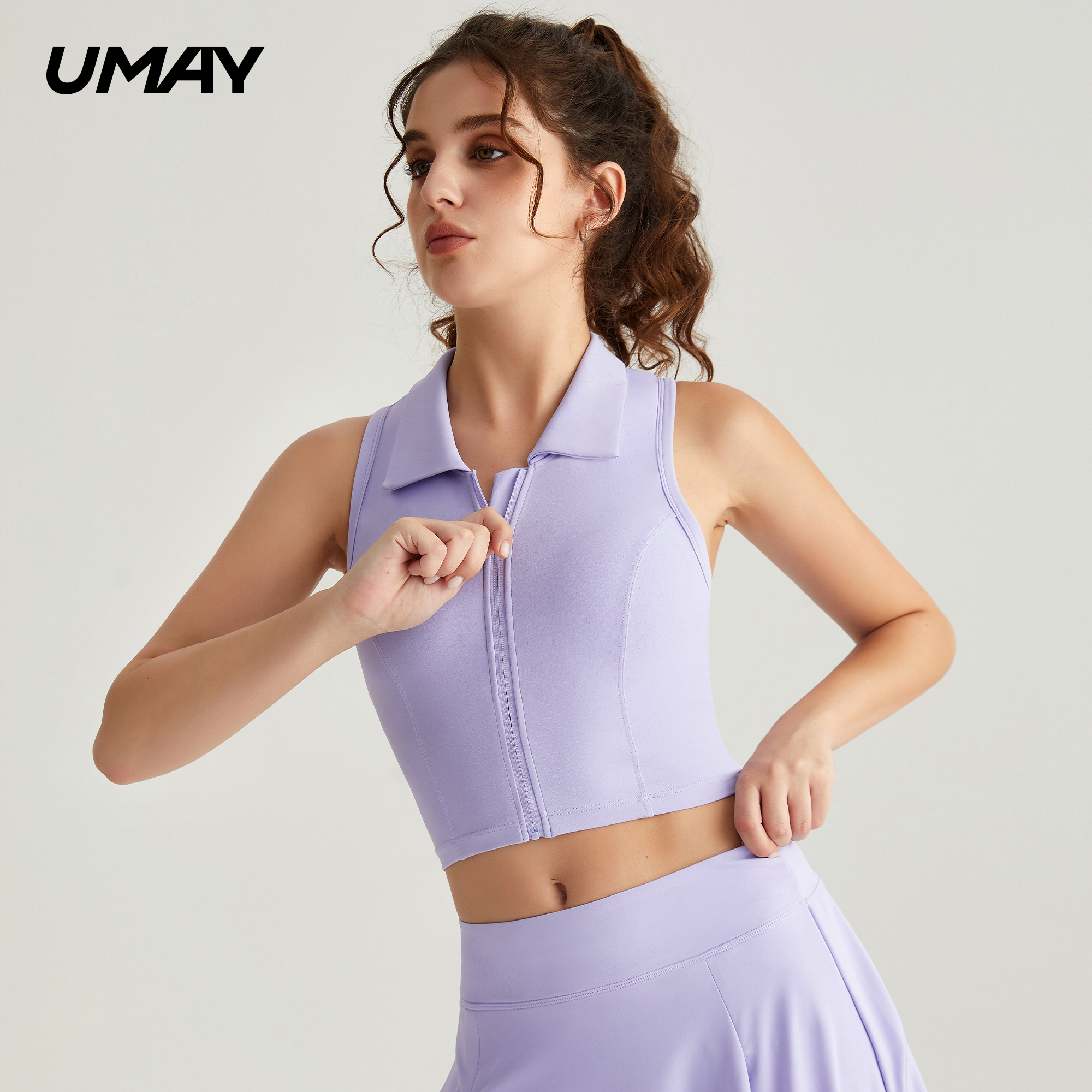 UMAY佑美前拉链运动文胸女高强度无袖翻领背心带胸垫跑步健身内衣