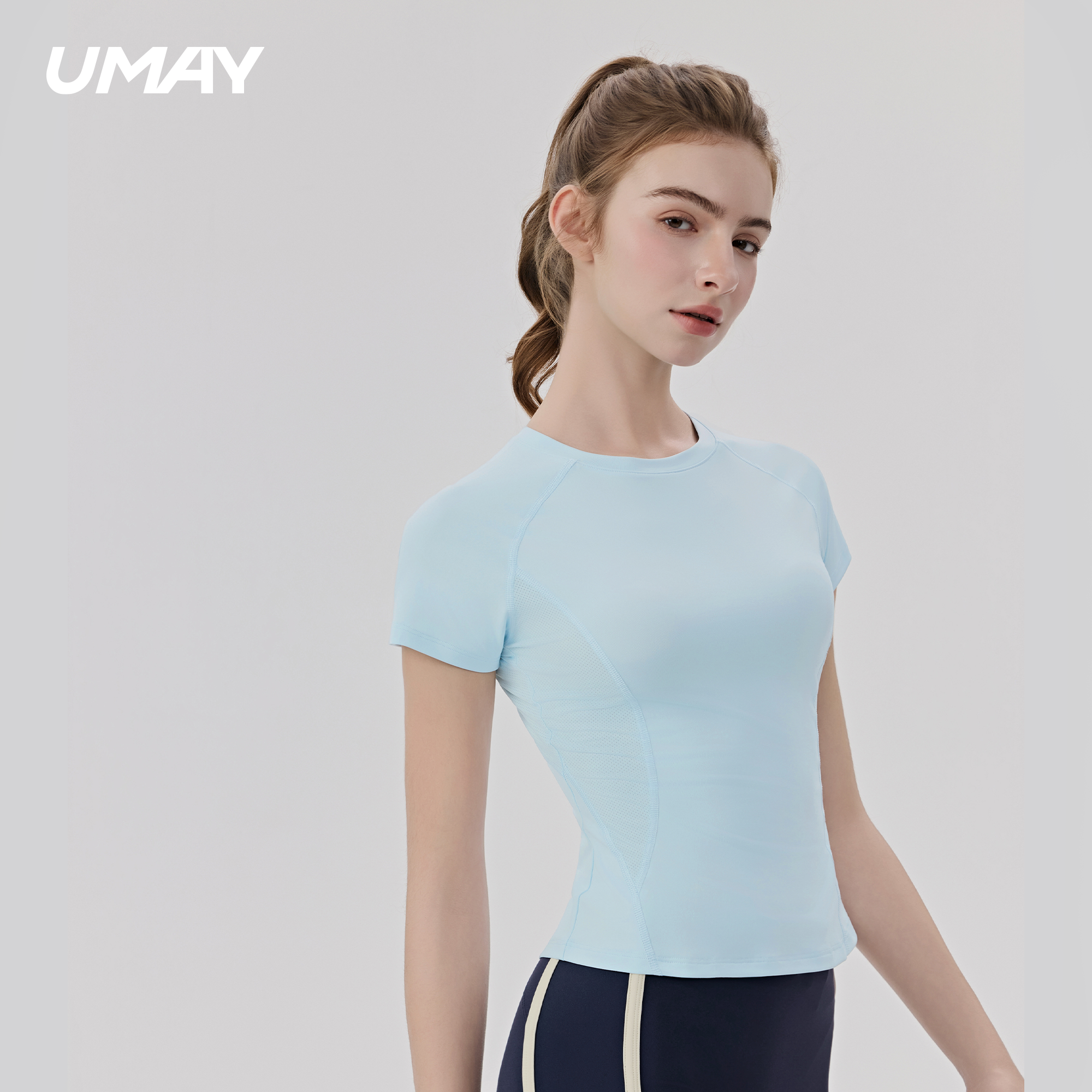 UMAY佑美瑜伽服上衣女士新款短袖透气速干T修身健身服运动圆领T
