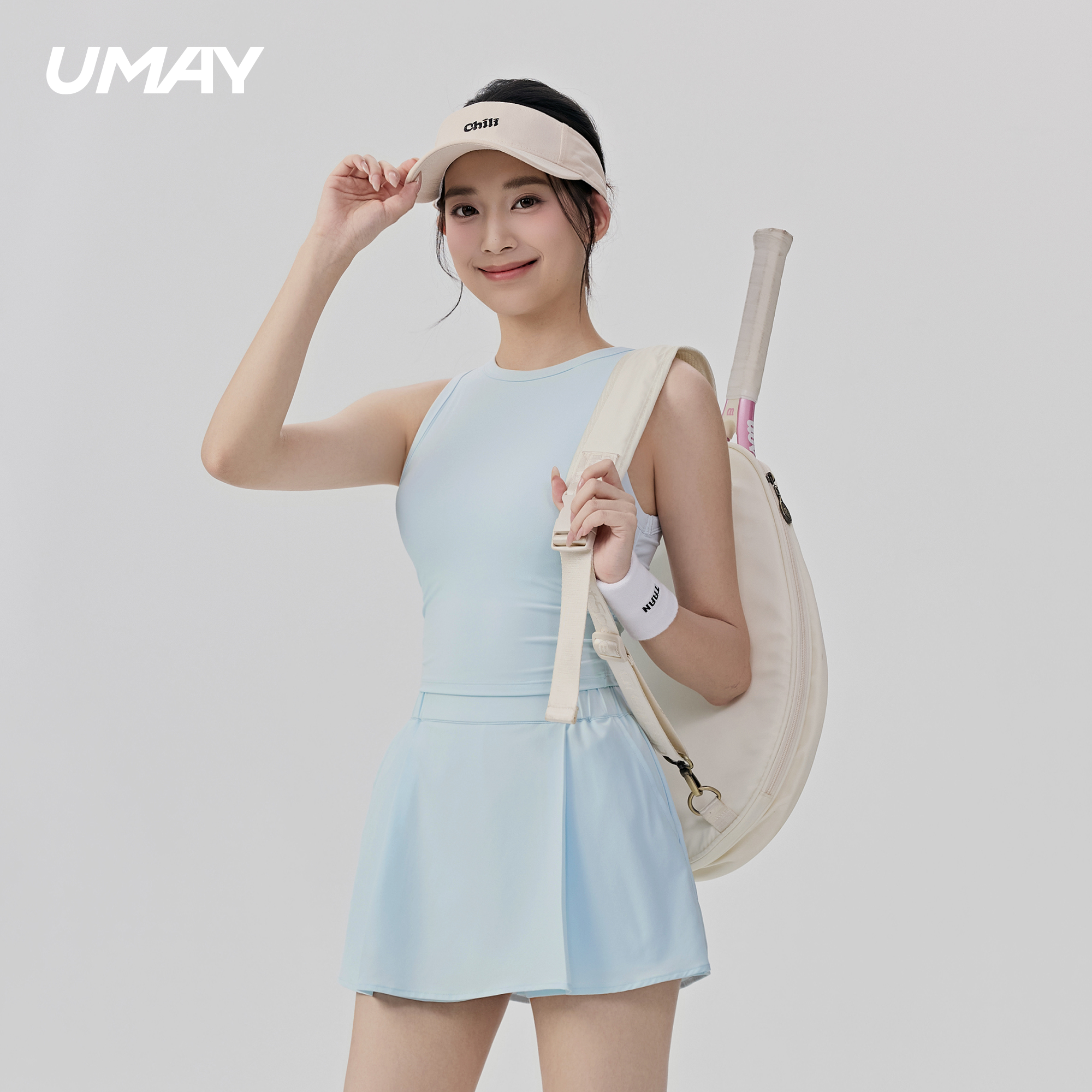 UMAY新款运动上衣女带胸垫健身服压褶裙裤普拉提网球训练健身套装