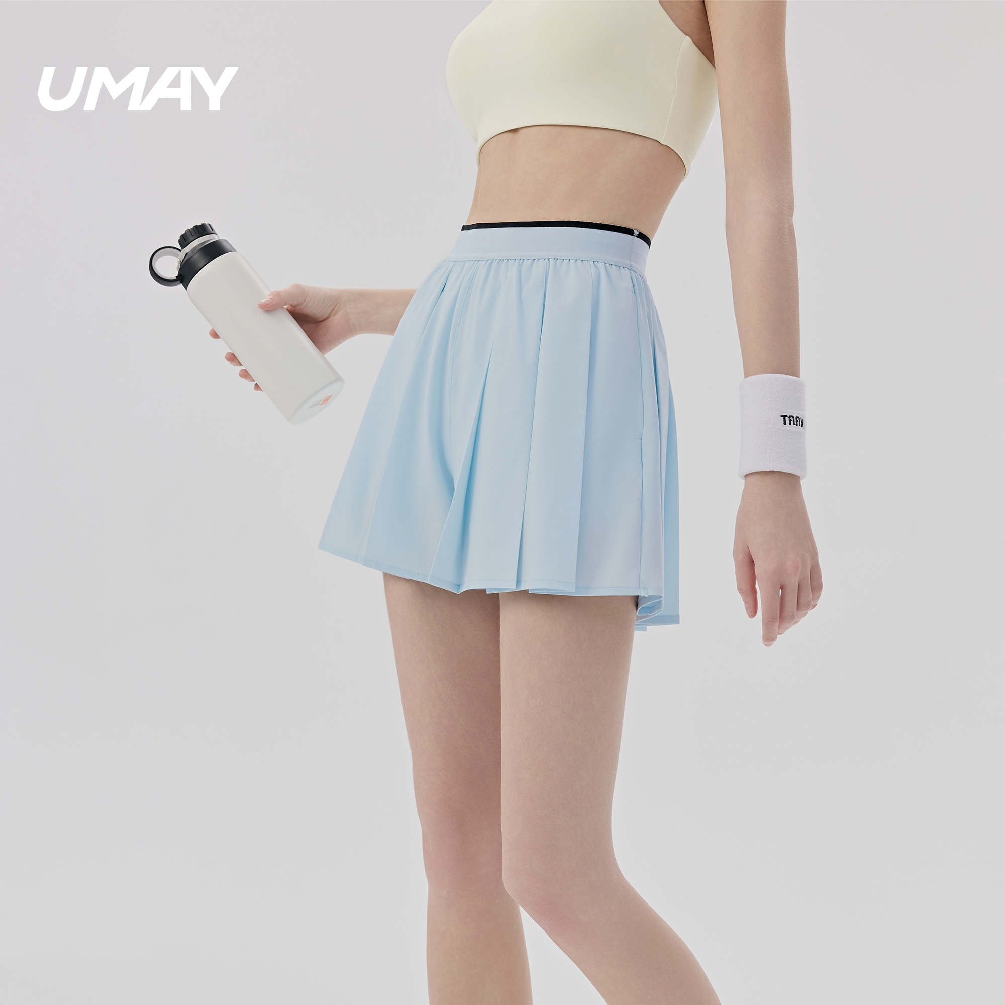 UMAY佑美防走光运动裤女新款高腰显瘦A字时尚百褶裙摆松紧短裤子