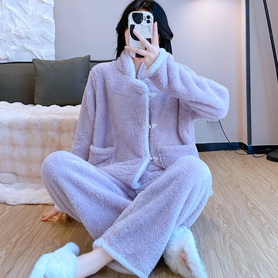 2025秋冬珊瑚绒睡衣女新中式长毛法兰绒家居服保暖套装国风