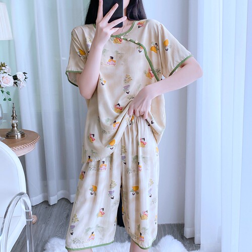 棉绸睡衣女夏季短袖短裤人造棉绵绸新中式薄款宽松家清冷居服套装