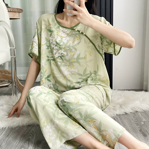 棉绸睡衣女夏季短袖长裤人造棉绵绸新中式薄款宽松气质家居服套装
