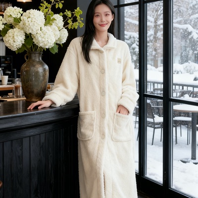 可外穿半边绒女士睡衣中长款开衫睡裙保暖大衣秋冬珊瑚绒睡袍晨袍