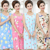 人造棉青中年睡裙女夏加肥大纯棉绸无袖 妈妈睡衣绵绸家居服薄款