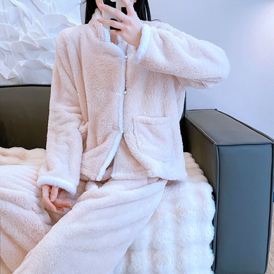睡衣女2025秋冬珊瑚绒长毛绒新中式法兰绒加厚保暖甜美家居服套装