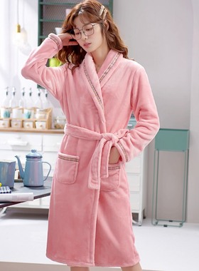 法兰绒家居服睡衣女秋冬加厚加绒保暖冬珊瑚绒睡袍男中长浴袍情侣