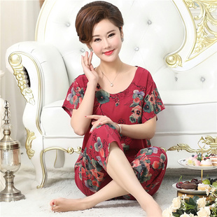 中年妈妈睡衣女短袖 棉绸加大码 家居服夏人造棉中老年圆领绵绸套装