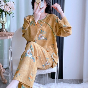 家居服夏印花套装 国风睡衣女棉绸套头人造棉绵绸薄款 宽松新中式