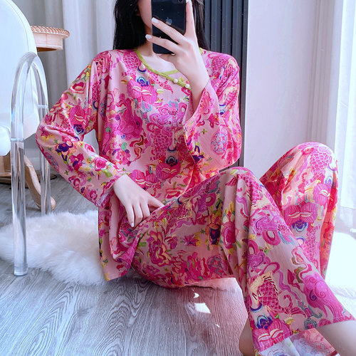 国风古韵棉绸睡衣女套头人造棉绵绸薄款宽松中式家居服可外穿套装