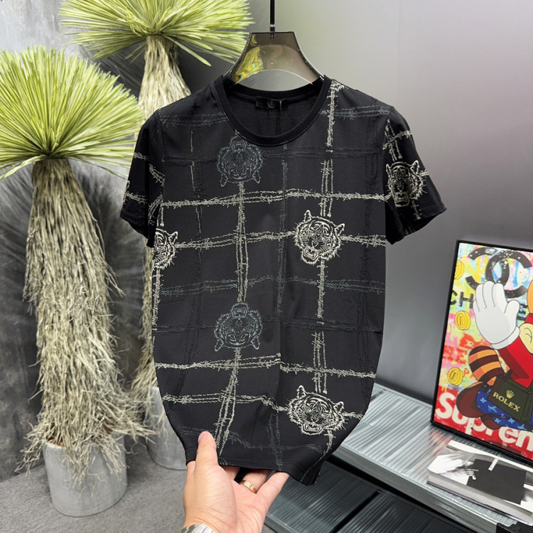 清仓断码~欧洲站夏季新款轻奢欧货烧花老虎男短袖圆领修身品质T恤