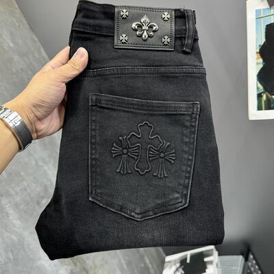 欧洲站秋冬新款欧货潮流轻奢压花克罗个性弹力男修身烟灰牛仔裤