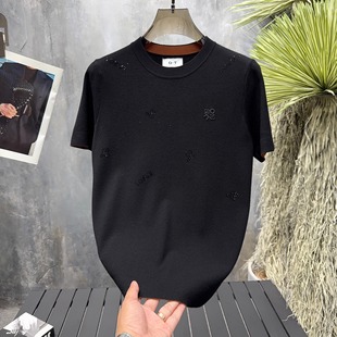 秋冬厚款男士休闲圆领修身满天星烫钻轻奢短袖针织毛衣短袖T恤欧