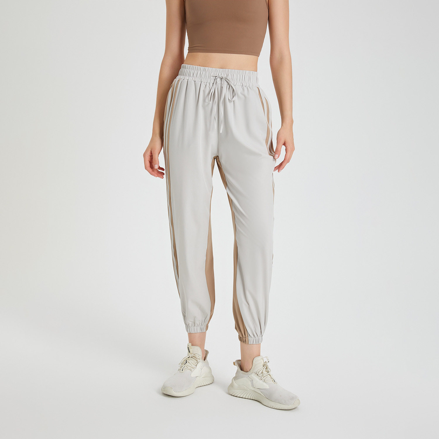 春夏拼色抽绳宽松瑜伽裤女跑步休闲运动裤哈伦束脚透气速干健身裤