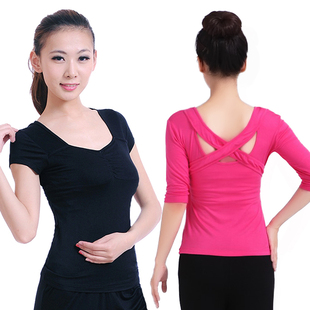 新款时尚黑色莫代尔专业透气瑜伽上衣中袖显瘦性感美背健身房服女