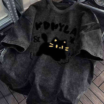 美式复古水洗黑卡通印花短袖t恤女夏季新款宽松百搭休闲上衣ins潮