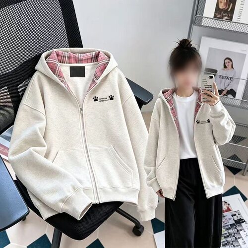 秋冬加绒假两件格子连帽卫衣女