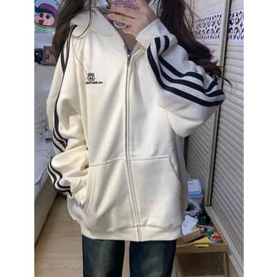 复古三条杠条纹连帽卫衣