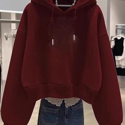 设计感短款简约纯色连帽卫衣宽松加绒2024秋冬新款小个子短款外套