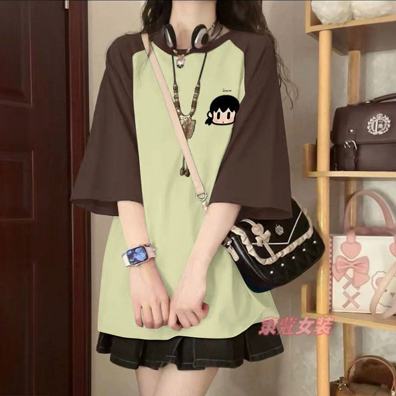 设计感小众撞色插肩短袖t恤女夏季多巴胺穿搭美式复古拼接上衣潮