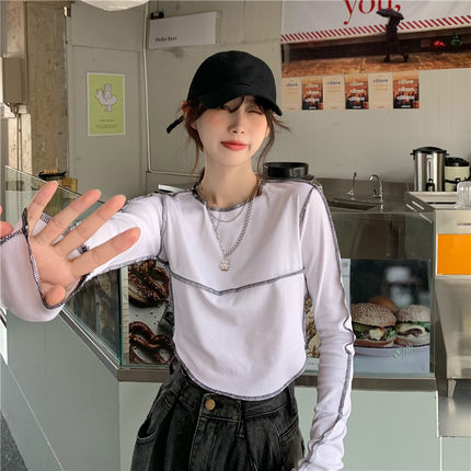 设计感拼接短款长袖T恤女2025春秋季上衣新款修身打底衫小众上衣