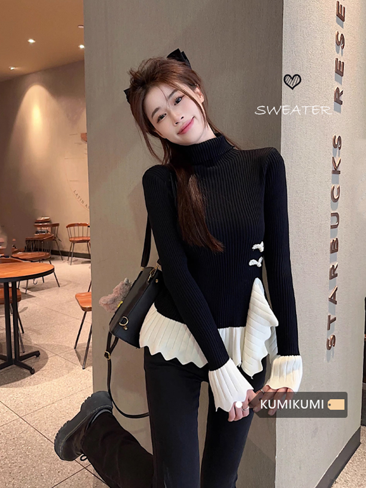 不规则撞色拼接木耳边针织衫