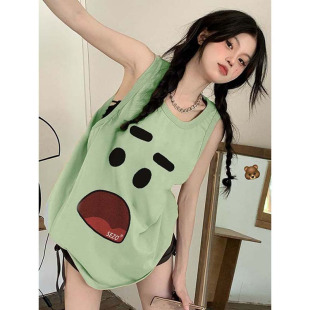 2025新款 上衣 绿色表情背心女夏外穿宽松休闲复古百搭港味chic无袖