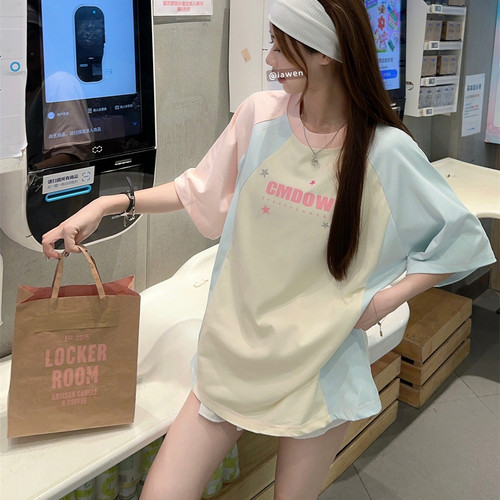 夏日多巴胺甜撞色插肩短袖t恤女夏季2025新款美式宽松显瘦上衣潮