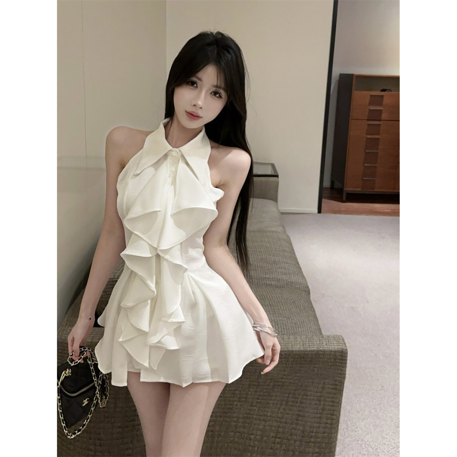 小众设计感荷叶边衬衫挂脖连衣裙女夏季新款气质修身显瘦无袖短裙