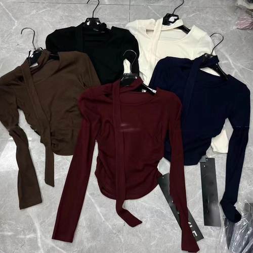 2025秋季新款辣妹圆领围脖飘带修身长袖T恤百搭显瘦女别致打底衫