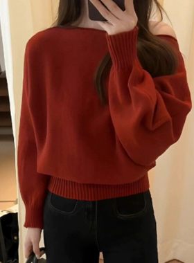 红色一字肩蝙蝠袖针织衫女春秋季长袖薄款修身辣妹短款打底衫上衣