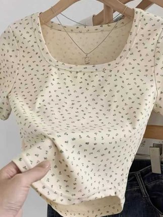 法式复古设计感方领小碎花短袖T恤女夏季甜美风修身小众上衣ins