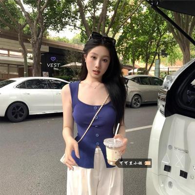 设计感开叉别致吊带背心女夏季新款极简风方领收腰显瘦无袖上衣潮