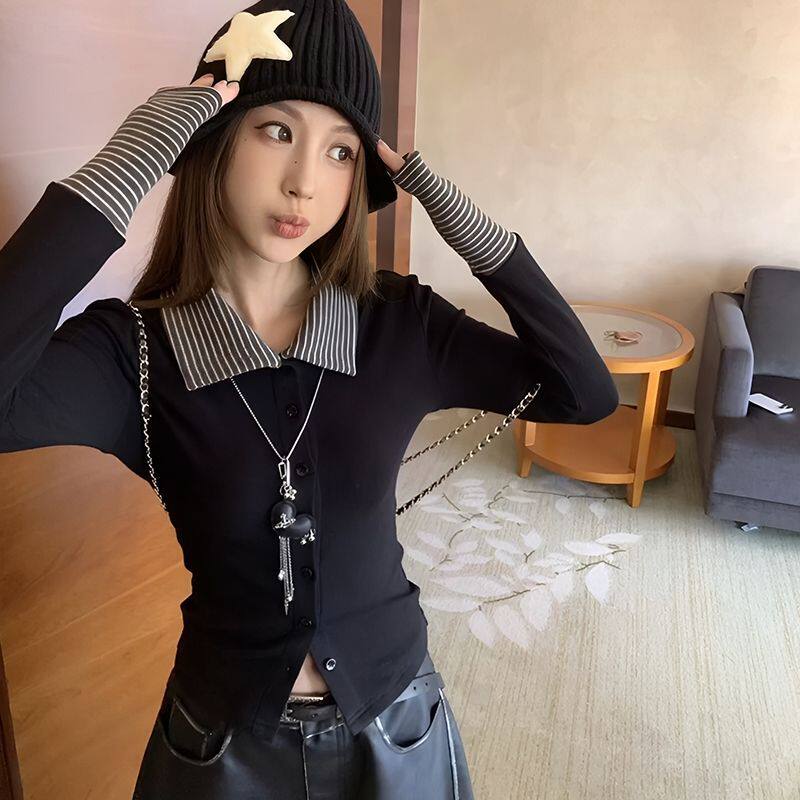 黑色条纹拼接翻领长袖T恤女春秋辣妹修身显瘦设计感漂亮独特上衣