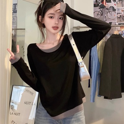设计感假两件长袖T恤2025春季新款今年流行爆款内搭修身打底上衣