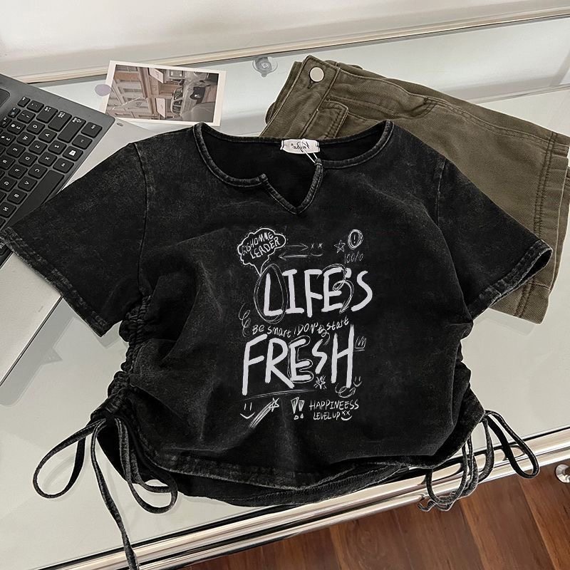水洗做旧字母短袖T恤短款甜辣
