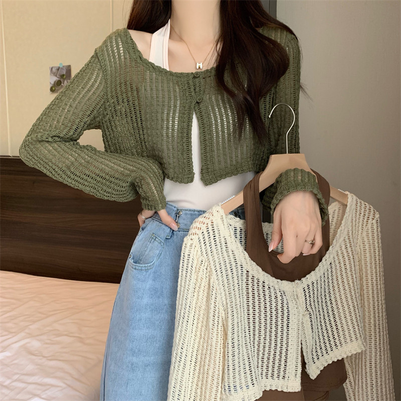 复古2025夏季新版韩风设计感镂空罩衫+挂脖小背心吊带时尚套装女,女装/女士精品,毛针织衫,淘宝优惠券,粉丝福利购,淘宝优惠卷