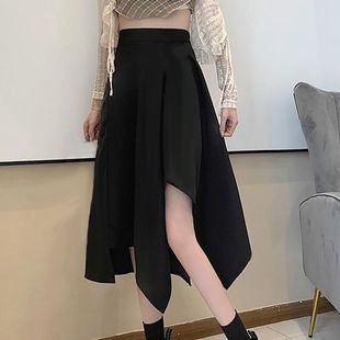 不规则黑色半身裙女春季 a字裙小个子垂感高腰伞裙 2025新款 中长款