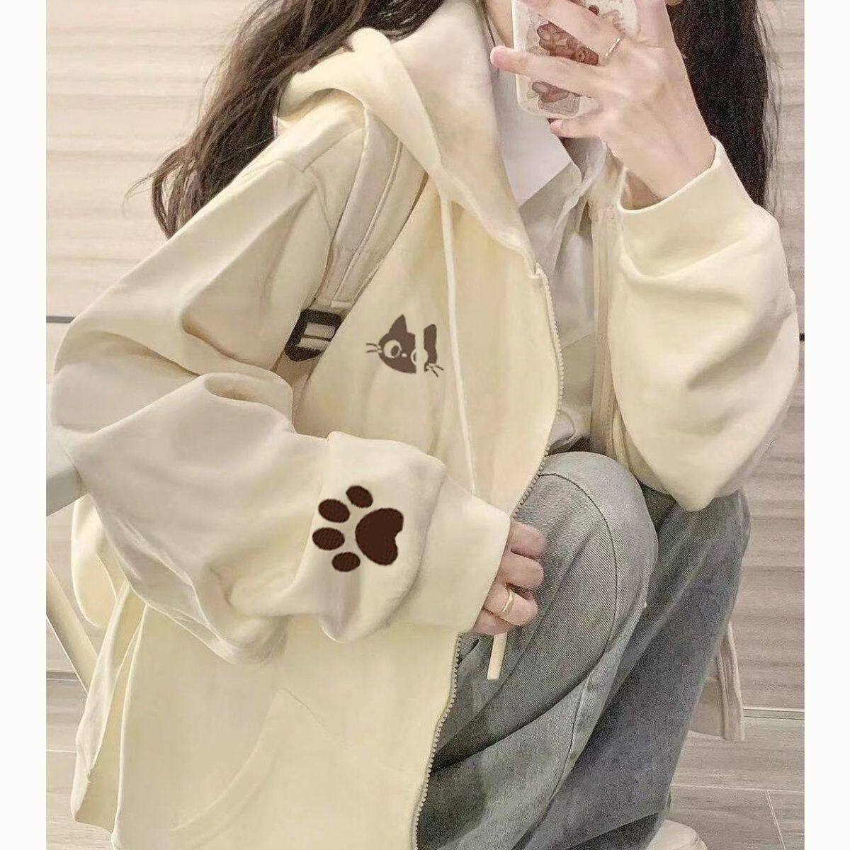 美式可爱小猫印花开衫连帽卫衣秋冬时髦ins风男女原宿风学生外套