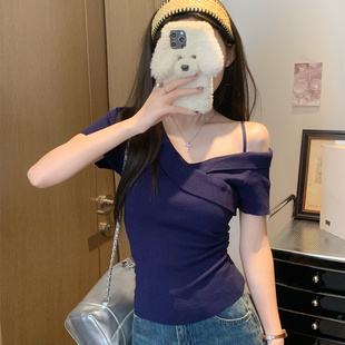 显瘦针织上衣ins 韩系纯欲风露肩短袖 T恤女夏季 新款 设计感小众修身