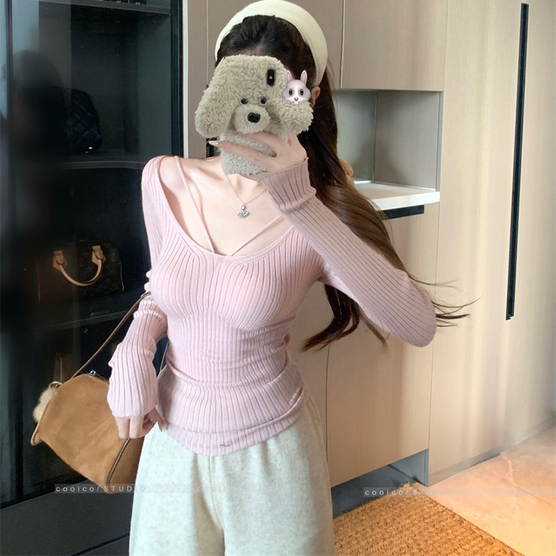 韩系U领长袖针织衫2026春秋辣妹收腰显瘦打底衫温柔内搭上衣ins