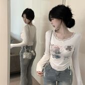 设计感蕾丝花边长袖 T恤女秋季 纯欲辣妹短款 2025新款 修身 上衣ins