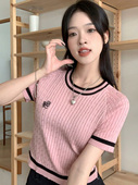 学院风撞色刺绣短袖 针织衫 女夏修身 美式 显瘦减龄别致短款 正肩上衣