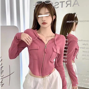 辣妹连帽短款 T恤 开衫 外套女秋紧身拉链内搭别致设计感不规则长袖