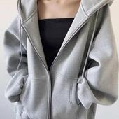 设计感灰色纯色连帽开衫 韩系慵懒风外套 卫衣男女秋冬加绒2024新款